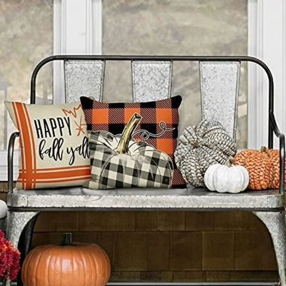 18” Fall /Halloween Pillow Covers in Orange-Black Buffalo Plaid (Set of 4)